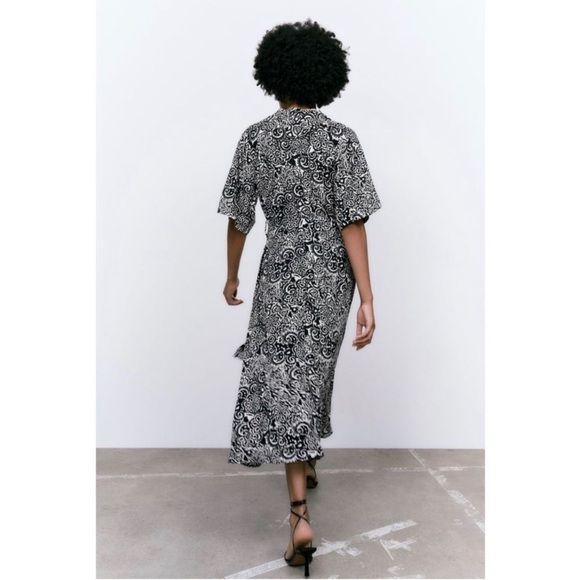 Zara Black White Printed Button Down Shirt Midi Dress V-Neck Lapel Collar Large - Picture 3 of 11